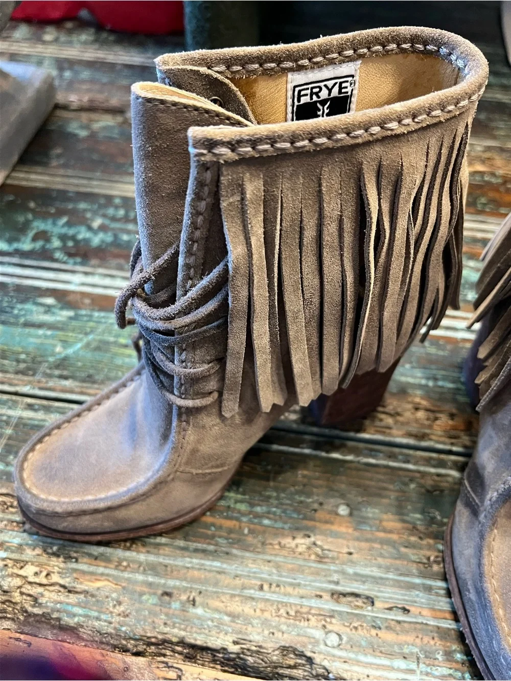 Frye Taupe Suede Fringe Lace-Up Ankle Boots